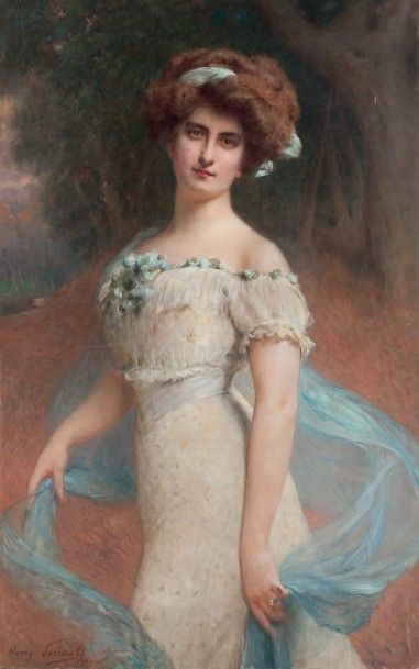Henry PERRAULT (1867-1932) 
Femme au foulard bleu
Huile sur toile, signée en bas...