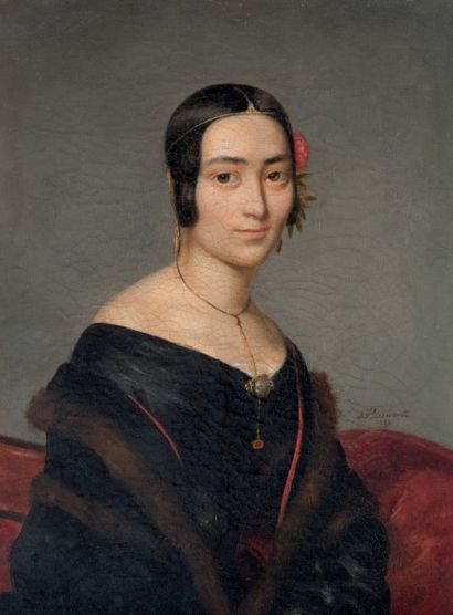 Pierre BONIROTE (1811-1891) 
Portrait de jeune fille à la fleur rouge
Huile sur toile
32...
