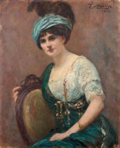 Jacques MARTIN (1844-1919) 
Portrait de femme à la robe et au ruban bleu
Huile sur...