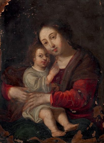 ECOLE FRANCAISE DU XVIIème SIECLE Vierge à l’Enfant 
Cuivre
21 x 15,5 cm
Manques...