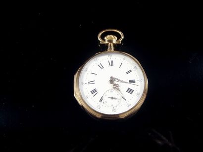 null Montre de gousset en or jaune 18k, cadran émaillé, chiffres romains, le dos...