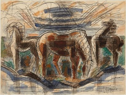Marcel GROMAIRE (1892-1971) Trois chevaux dans la Lande, 1962
Encre et aquarelle...