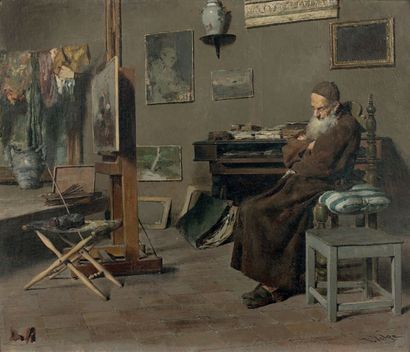 Vincenzo VOLPE (1855-1929) Méditation dans l'atelier
Huile sur panneau, signée en...