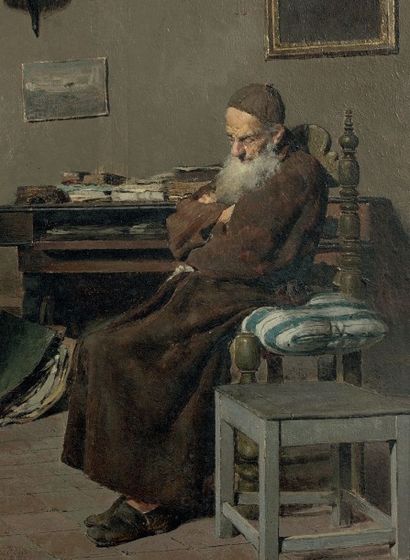 Vincenzo VOLPE (1855-1929) Méditation dans l'atelier
Huile sur panneau, signée en...