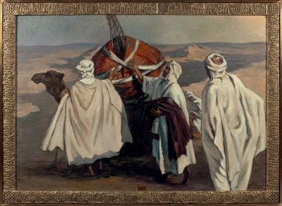Yvonne THIVET (1888- 1972) Voyageurs dans le sud algérien
Huile sur toile, signée...