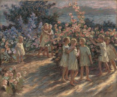 Jenny Montigny (1875-1937) Jeunes enfants jouant dans un jardin
Pastel sur papier,...