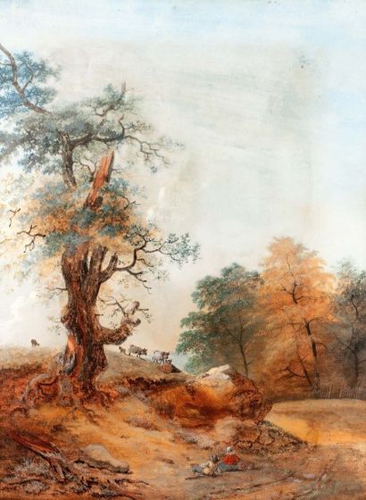 Lazare BRUANDET (1755-1804) Paire d'aquarelles
- Paysage avec couple de bergers au...