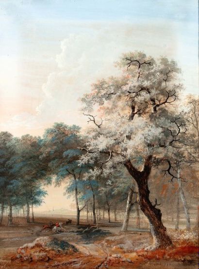 Lazare BRUANDET (1755-1804) Paire d'aquarelles
- Paysage avec couple de bergers au...