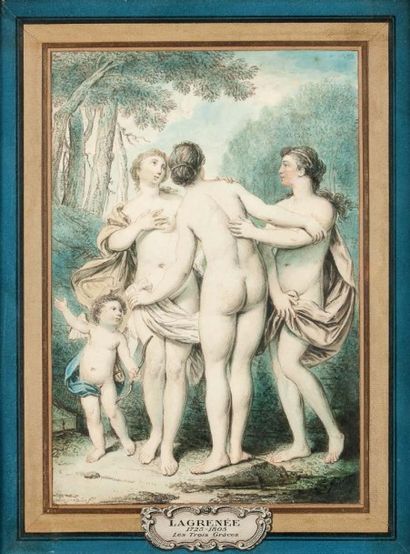 Louis Jean François LAGRENÉE (1725-1805) Trois grâces
Plume et aquarelle sur papier
Signée...