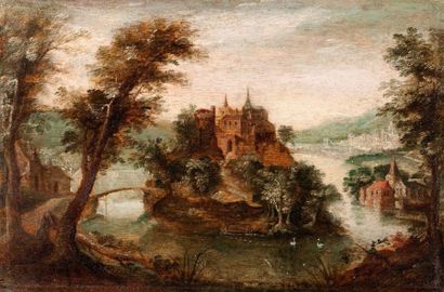 Attribué à Gillis van CONINXLOO (1544 - 1606) Paysage de forêt avec un château
Panneau...