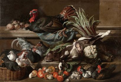 Jacques van de KERCKHOVE (Anvers 1636 - Venise 1712) Poules et légumes sur des entablements
Toile
117...