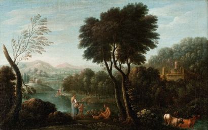 Ecole ROMAINE du XVIIIème Paysage avec une rivière, des promeneurs et un philosophe
Sur...