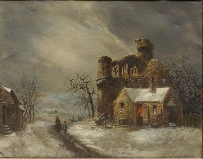 Attribué à Louis Claude MALBRANCHE (1790 - 1838) Paysage d'hiver avec une chaumière
Sur...