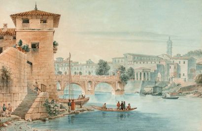 Jean-Victor NICOLLE (Paris, 1754-1826) Paire de vues de Rome
- Vue du Ponte Rotto...