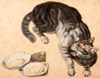 École HOLLANDAISE du XVIIe siècle Nature morte avec chat et huitres
Gouache sur papier
H....