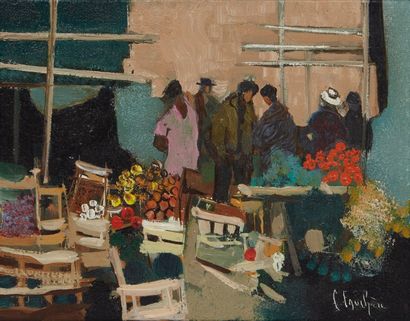 Claude FAUCHERE (Né en 1936) 
Le marché 
Huile...