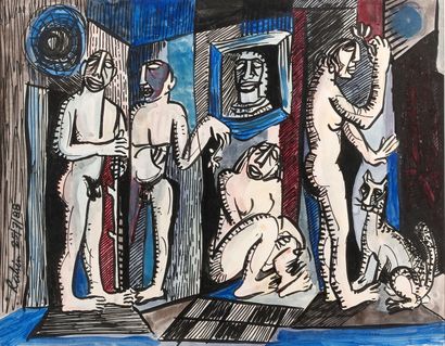 Rabin MONDAL (1932) 
Orgie 
Gouache sur papier,...