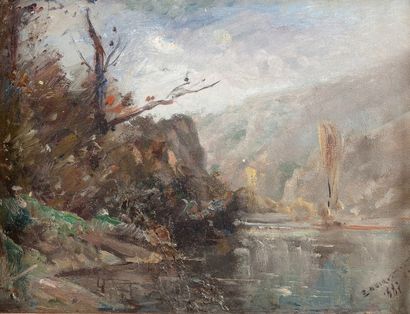  Émile NOIROT (1853-1924) 
Vue du lac 
Huile sur carton, signée en bas à droite et...