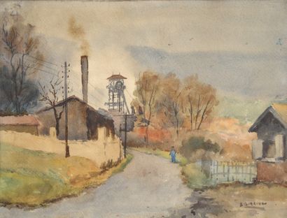  Charles GIRAUDON (XXème siècle) 
La mine à Saint-Etienne 
Aquarelle sur papier,...