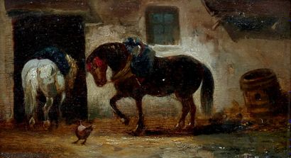 Jules Jacques Veyressat (1828-1893) 
Chevaux rentrant à l'écurie
Huile sur panneau,...