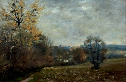 François Louis FRANCAIS (1814-1897) 
Paysage de forêt avec un village
Toile, signée...