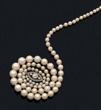 null Collier composé de 95 perles fines en chute. Fermoir ovale ajouré en or gris...