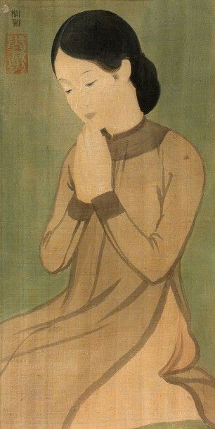 MAI trung THU (1906-1980) Jeune femme agenouillée
Encre et couleurs sur soie, signée...