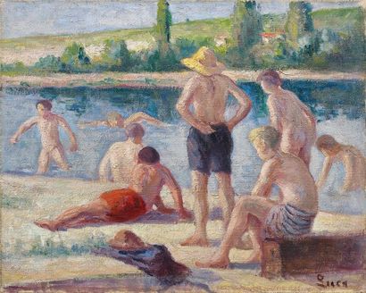 Maximilien Luce (1858-1941) Les baigneurs
Huile sur toile, signée en bas à droite
33.5...