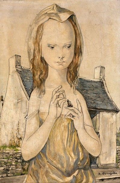 * LEONARD TSUGUHARU FOUJITA (1886-1968) Jeune fille au papillon devant la maison...