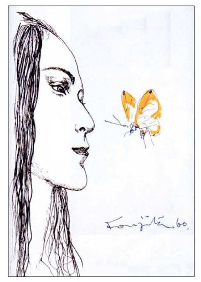 * LEONARD TSUGUHARU FOUJITA (1886-1968) Jeune fille au papillon devant la maison...