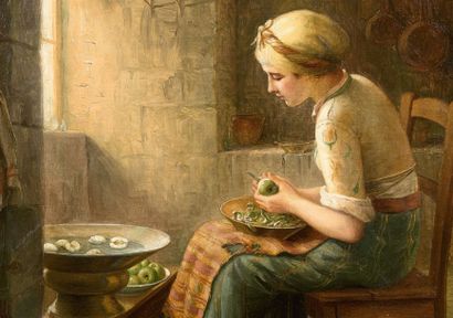 Théodore Jacques RALLI (1852-1909) Jeune femme pelant des pommes
Huile sur toile,...