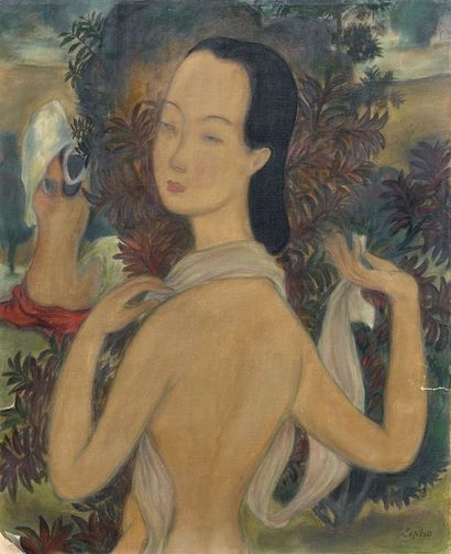 Le Pho (1907-2001) Le bain, deux femmes dans un paysage
Encre et couleurs sur soie,...