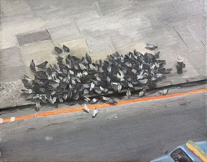 LIU Xiaodong (né en 1963) Voiture de police avec pigeons, 1993
Huile sur toile, signée,...