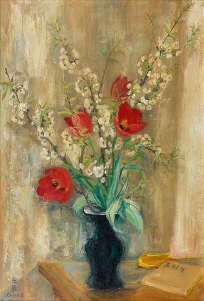 Le Pho (1907-2001) Les tulipes rouges et les fleurs de pommier
Encre, couleur et...