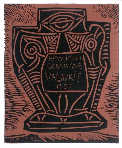 PICASSO Pablo Exposition céramique Vallauris,1959 Linogravure sur papier SBD, dans...
