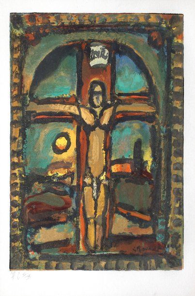 ROUAULT Georges (d'après) Le Christ en croix Lithographie sur papier SBD, 36 x 26...