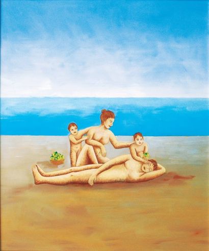 CANE Louis Famille sur la Plage Huile sur toile Signé dos, 54 x 45 cm