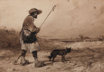 Alexandre Gabriel DECAMPS (Paris, 1803 - Fontainebleau, 1860) 
Le berger
Pierre noire...