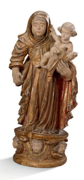 null Statuette presentant "la Vierge et l'enfant" en bois polychrome, l'ensemble...