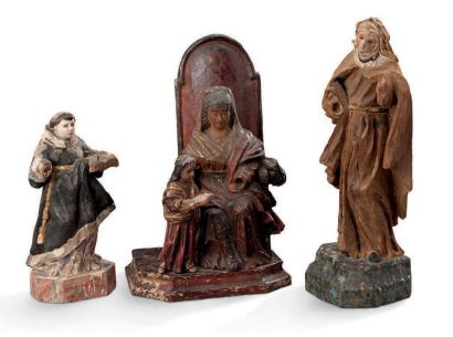 null Ensemble de trois sujets religieux en bois polychrome
XVIIIe siècle H: 22 cm
Manques...