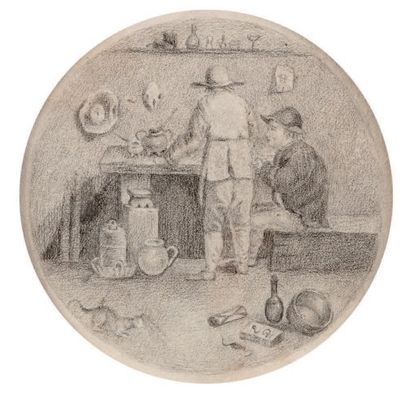 Ecole du Nord, XIXe siècle? 
Deux personnages dans une cuisine
Pierre noire 7,5 cm...