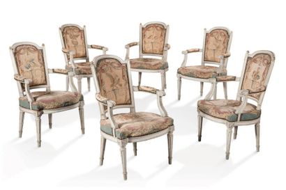 null Suite de six fauteuils en bois sculpté laqué blanc et rechampi vert à dossier...