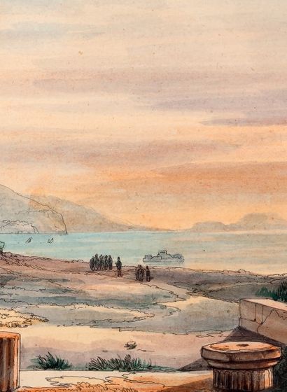 Ecole Italienne du XIXe siècle Pompéi, Vue du Forum triangulaire et de l'Isoletta...