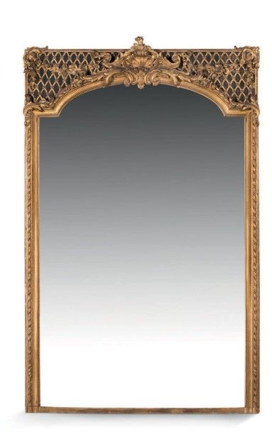 null Important encadrement de miroir de cheminée rectangulaire en bois sculpté et...
