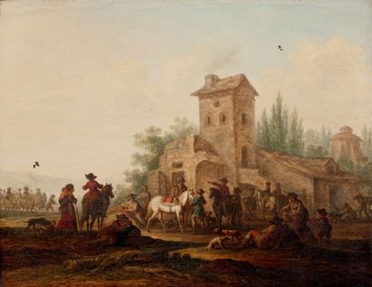 Ecole FRANÇAISE du XVIIIe siècle, entourage de Joseph SWEBACH 
Le repos des cavaliers
Paire...