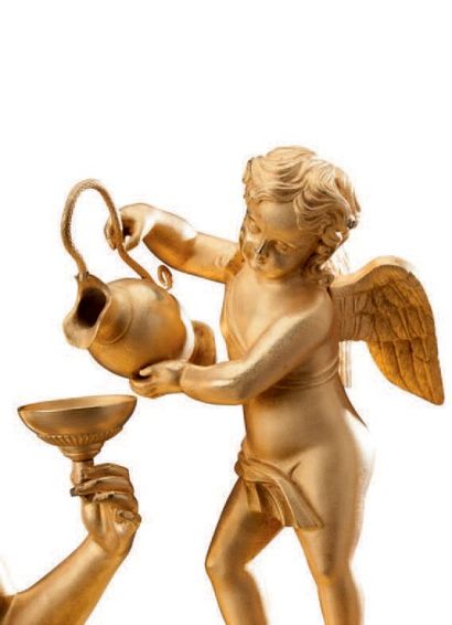 null Pendule borne en bronze ciselé et doré, représentant
Bacchus debout accoudé...