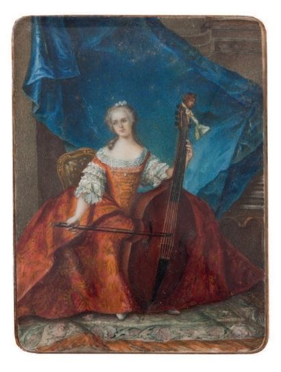 null Miniature représentant «Anne Henriette de France» assise jouant du violoncelle...