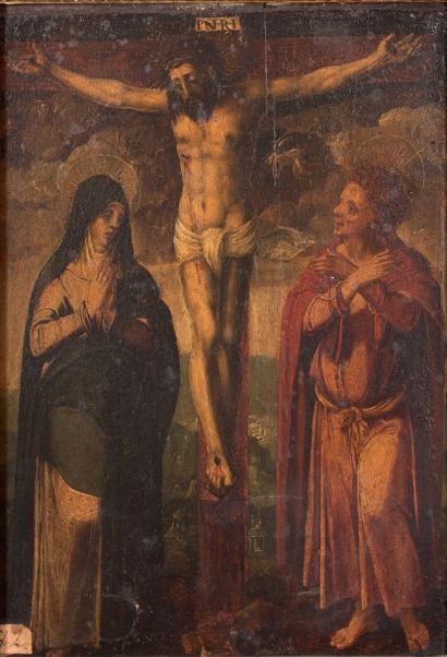 +ECOLE ESPAGNOLE, vers 1600 
"Christ en croix avec la Vierge et saint
Jean Baptiste...