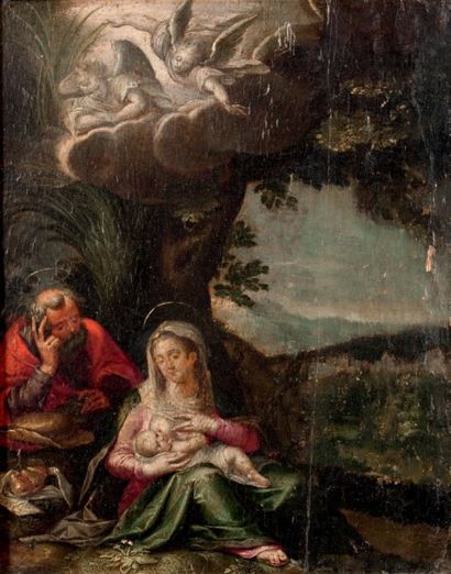 Attribué à Pieter van AVONT (1600 - 1652) 
Le repos de la Sainte Famille
Panneau...