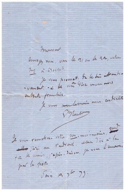 Gustave FLAUBERT. 1821-1880. Ecrivain 
L.A.S. Paris, 19 septembre 1879. 1 pp. bi-feuillet...